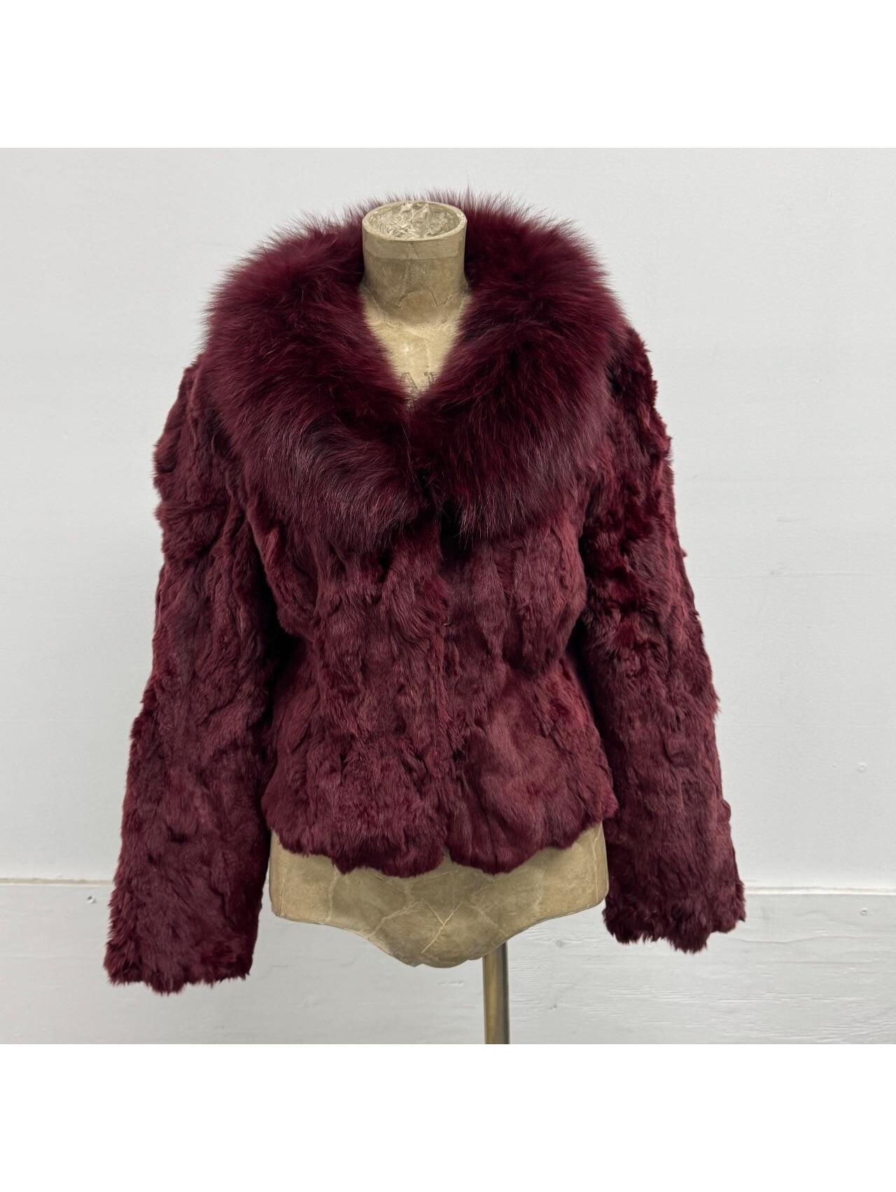 Vintage Y2k Burgundy Red Rabbit & Fox Fur Jacket Coat